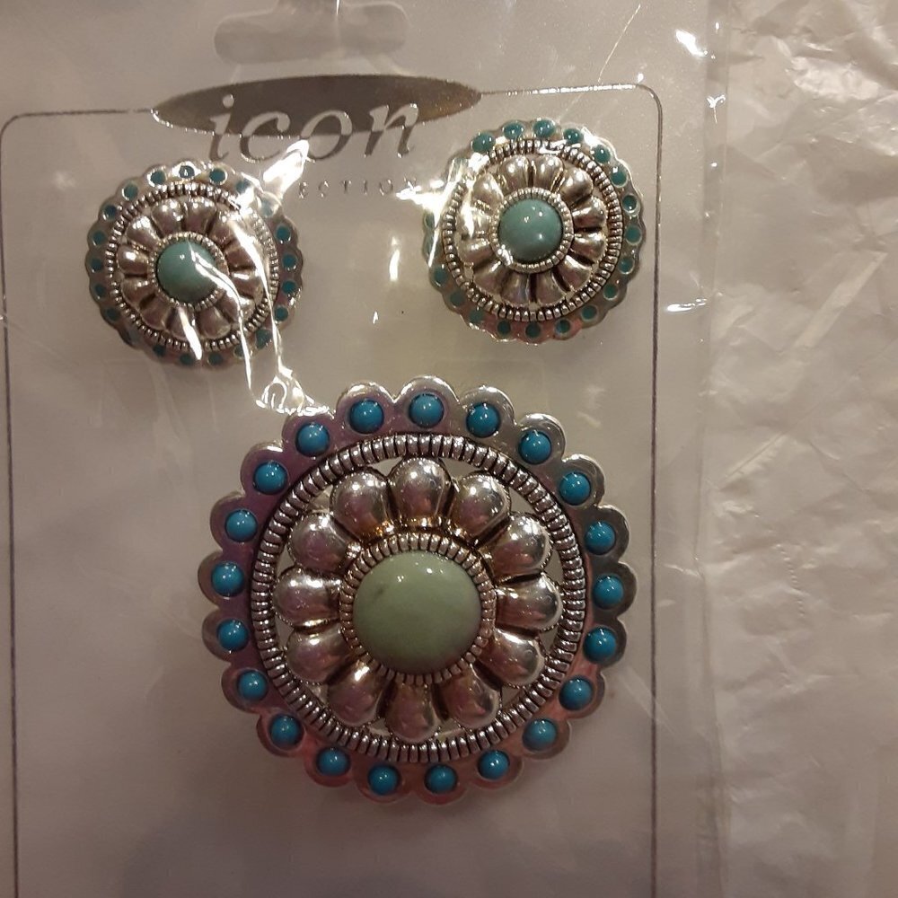 Round With Stones Earrings and Brooch New - Picture 3 of 4
